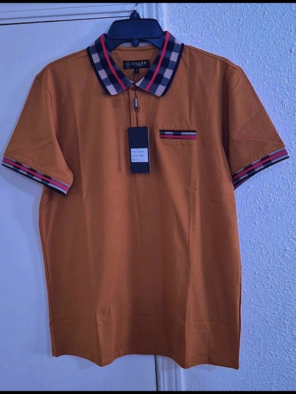 Men's Orange Polo with Plaid-Trim Collar by